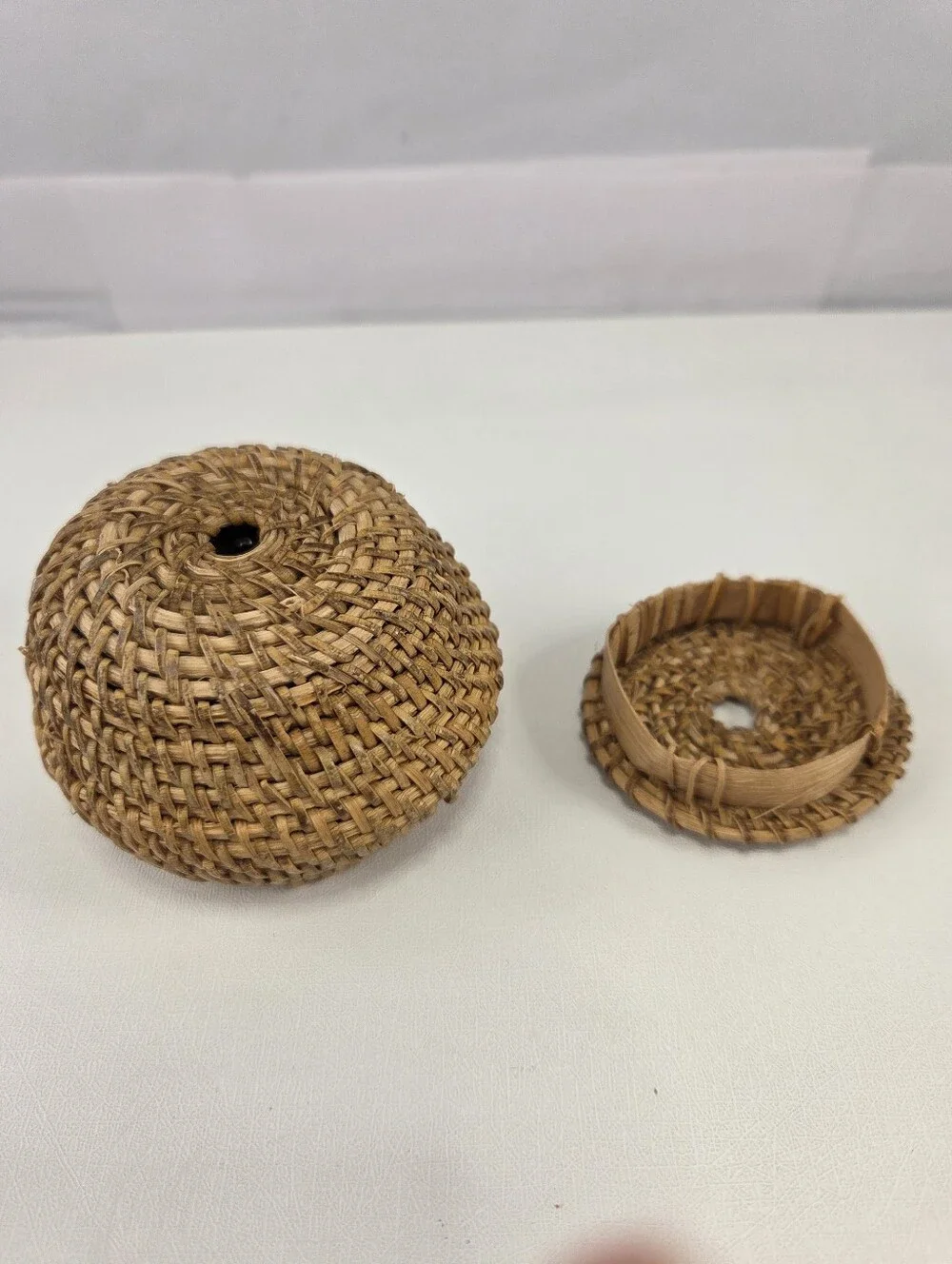 Vintage Miniature Basket, Woven Rattan Lidded Coiled String Holder